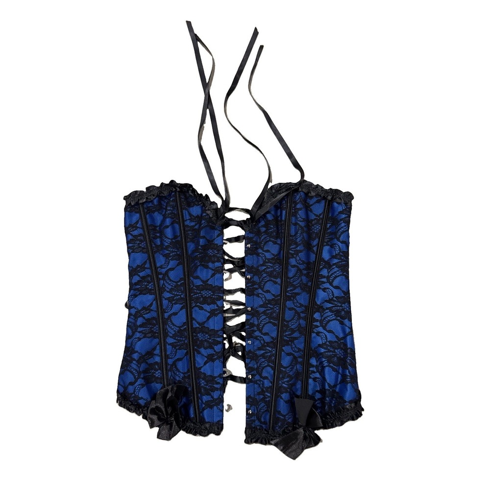 Blue Black Lace Overbust Corset Bustier Lace Up Gothic Burlesque Sexy Lingerie S